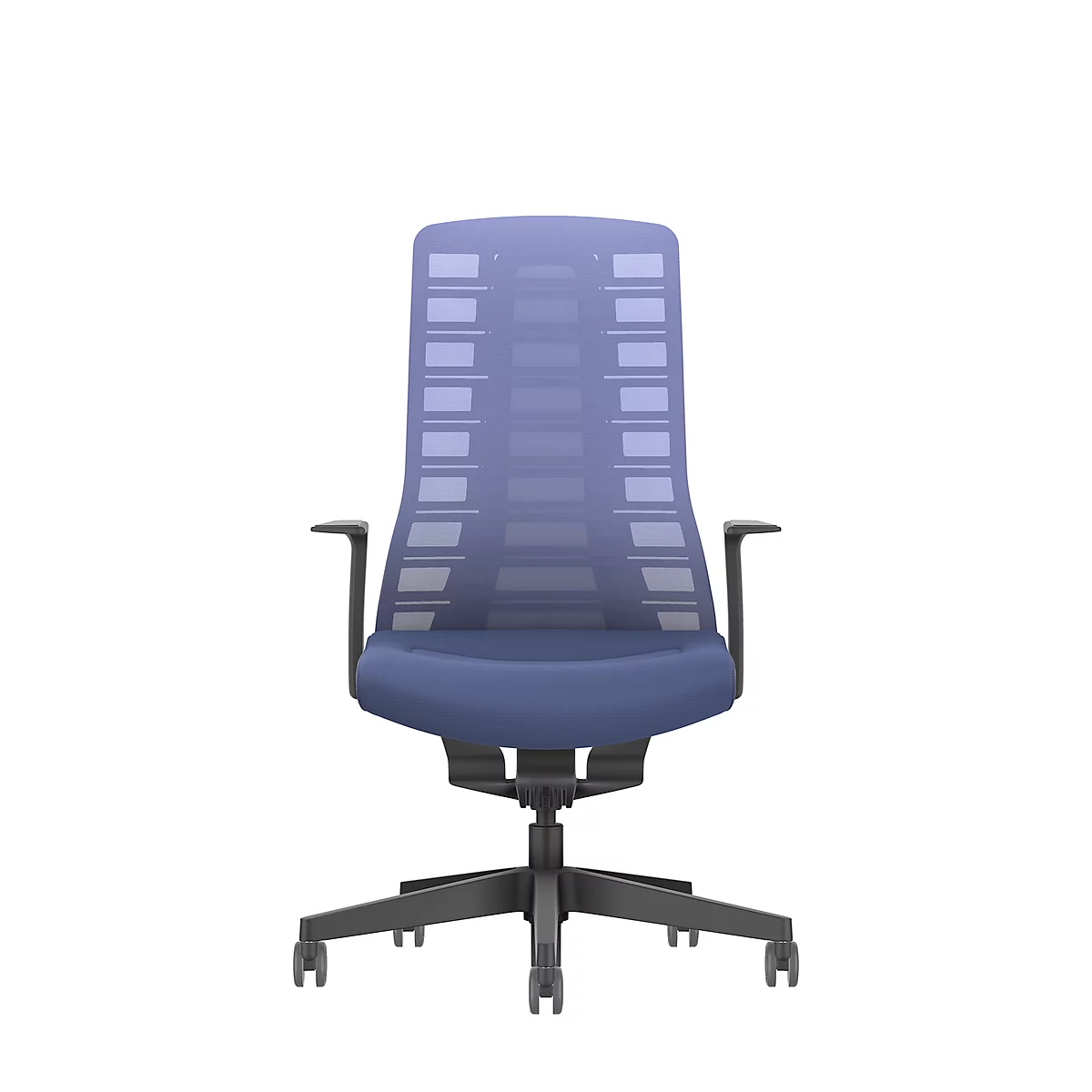 A blue office chair against a white background. The chair has a mesh back and armrests.