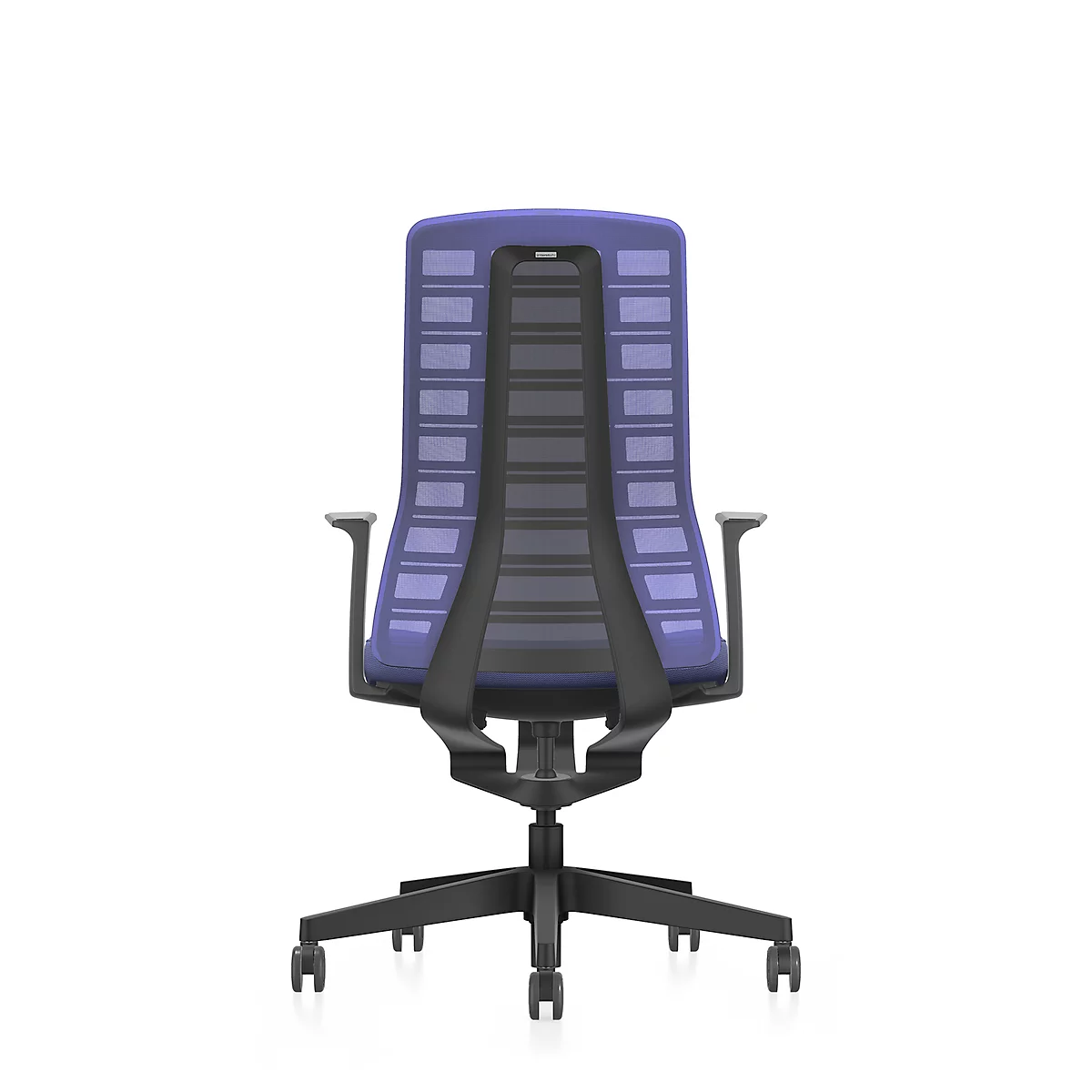 View of the back of an office chair. It has a black frame, a purple backrest and armrests.