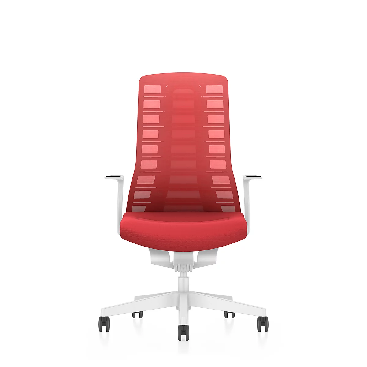 Office chair with red mesh back, white frame, and casters.