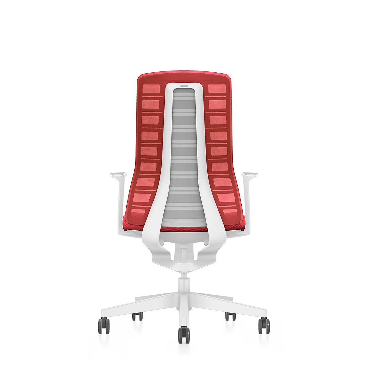 Office chair, rear view. Red mesh back, white frame, five castors, grey seat. On a white background.