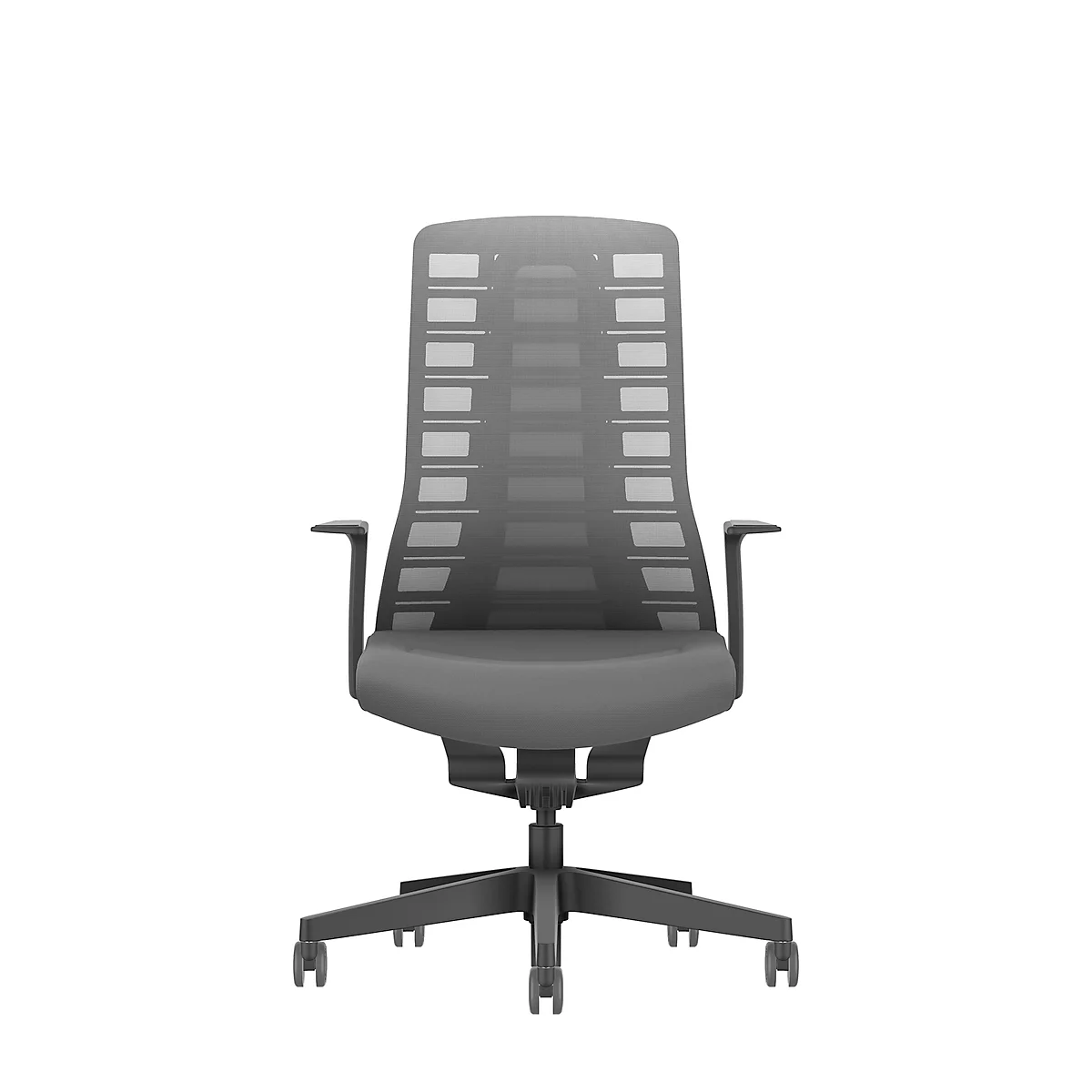 Gray office chair with mesh back, armrests, and casters against a white background.