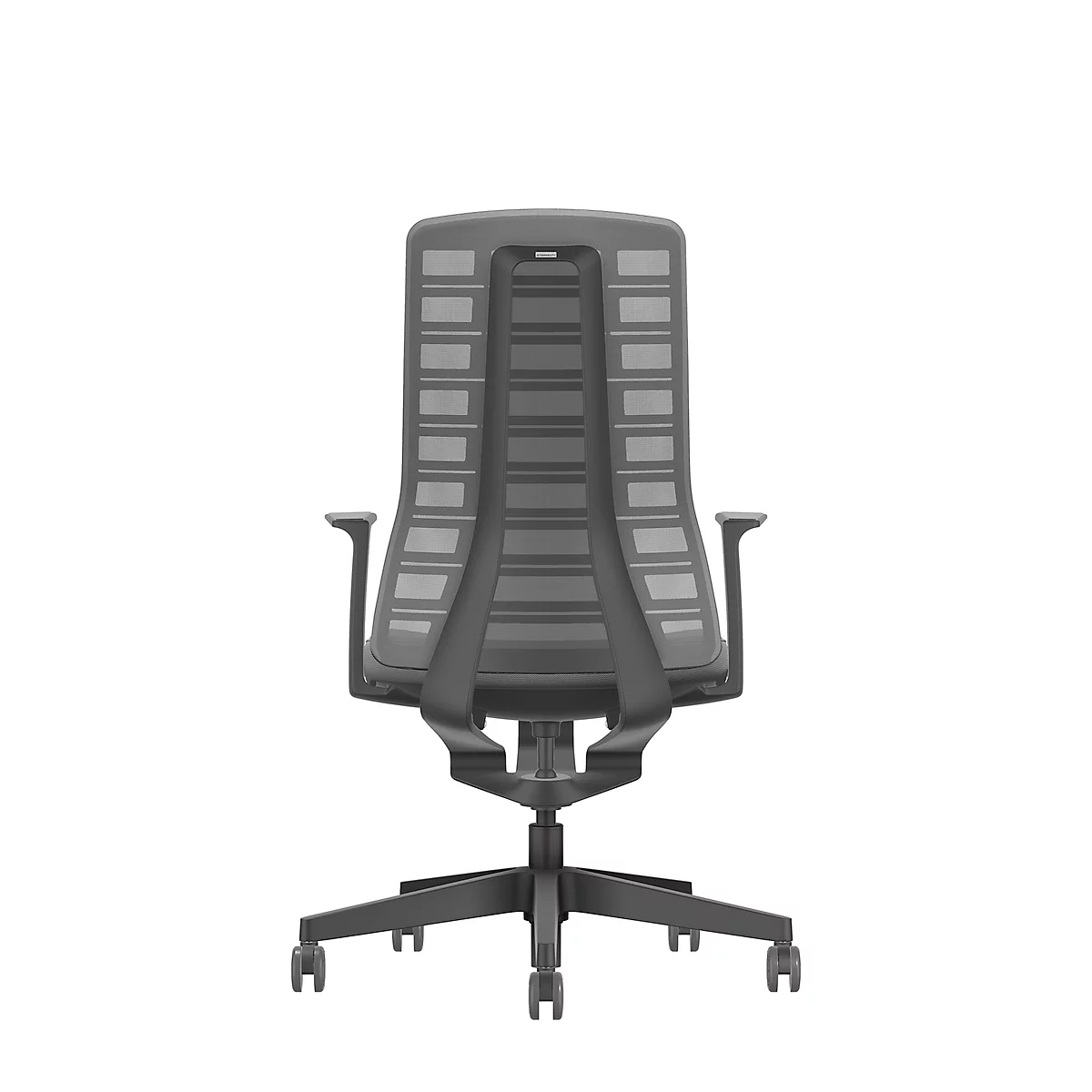 The grey office chair is pictured from behind against a white background. The chair has wheels, armrests and a high back.