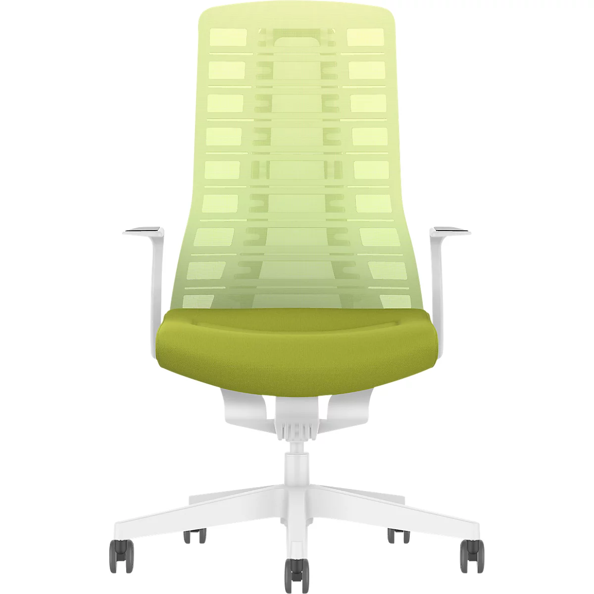An ergonomic office chair with a light green back and seat, white frame and armrests.