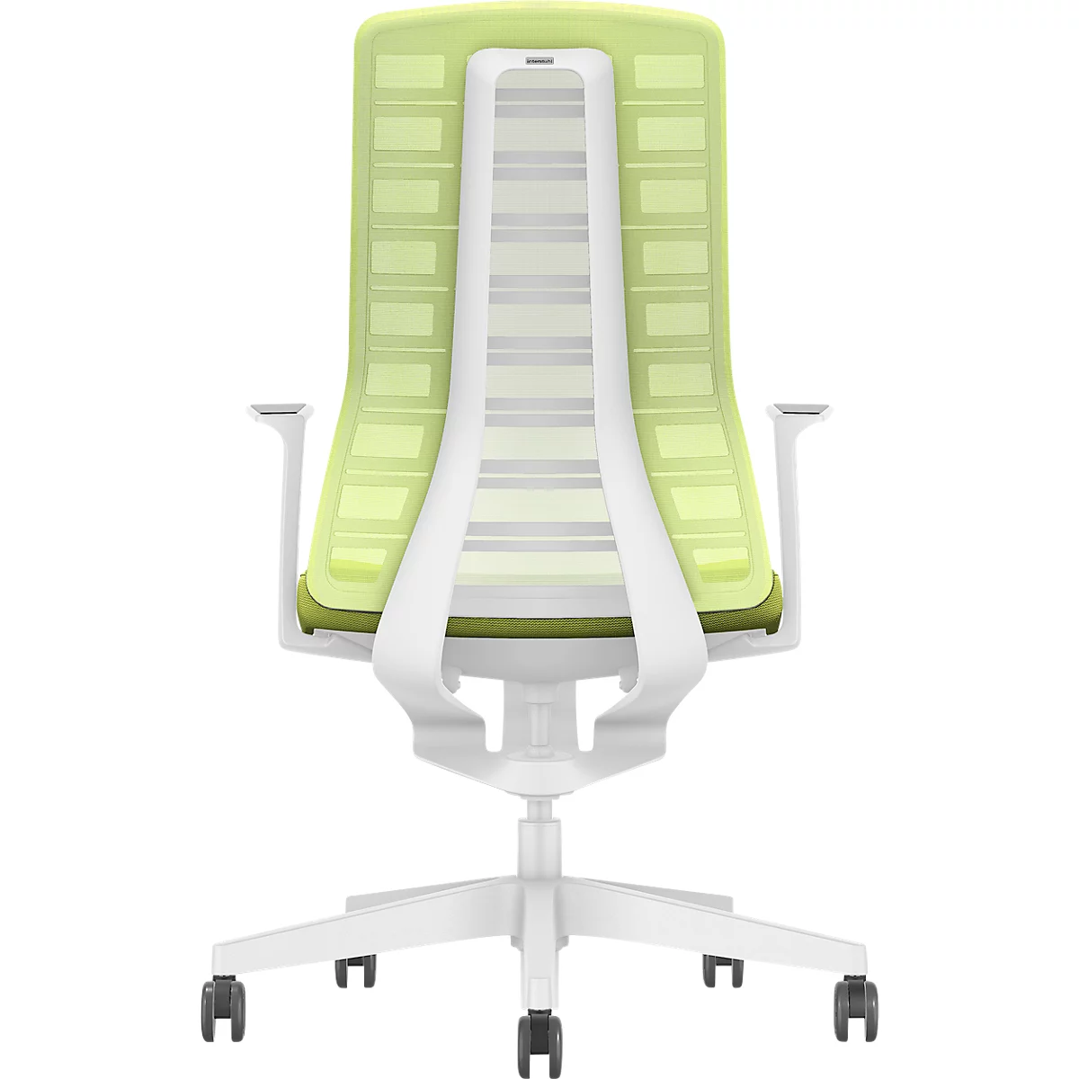 Back view of an ergonomic office chair with a white frame, green mesh backrest and armrests, on casters.