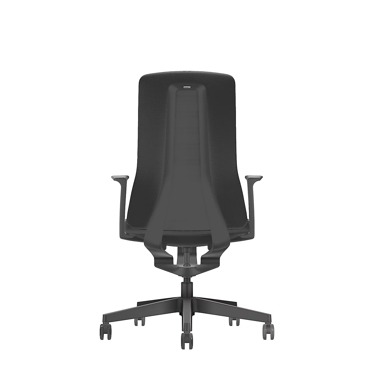 Black office chair, back view. High back, armrests, swivel base with castors.