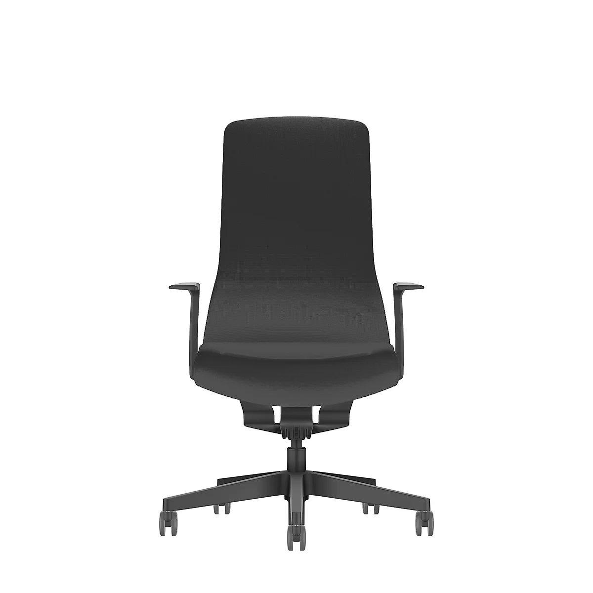 Black office chair, front view. High backrest, armrests, five castors.