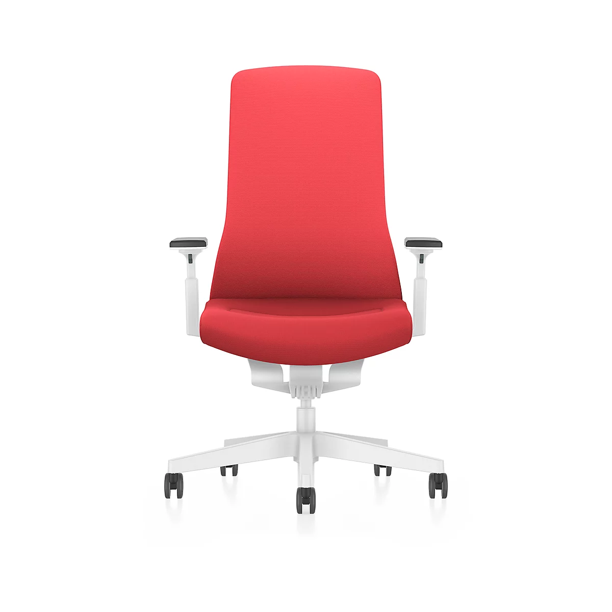 A red office chair with white armrests and a white base. The chair stands on casters.