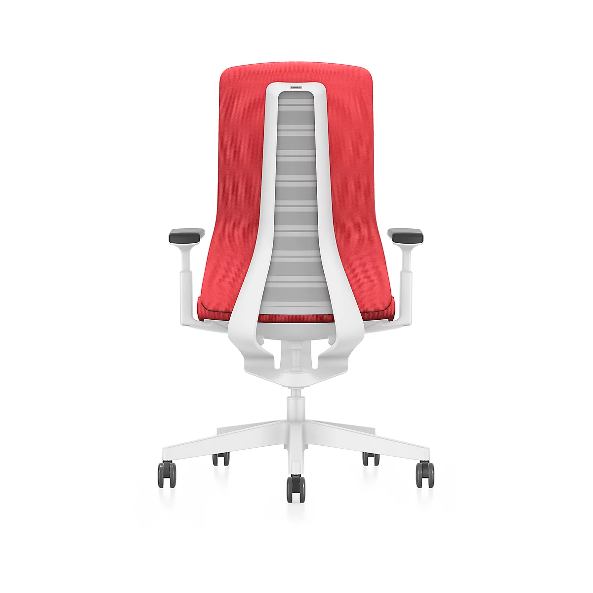 Red office chair, rear view: white frame, gray mesh backrest, and red seat.