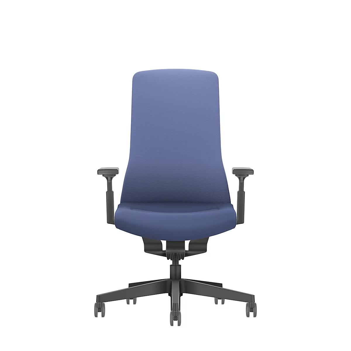 Blue office chair against white background. The chair has armrests and a black frame.
