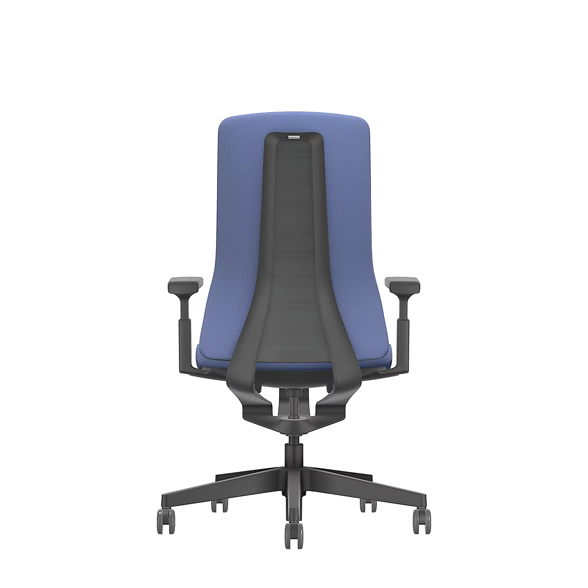 Back view of a blue office chair with black mesh back. The chair has armrests and stands on a black base with castors.