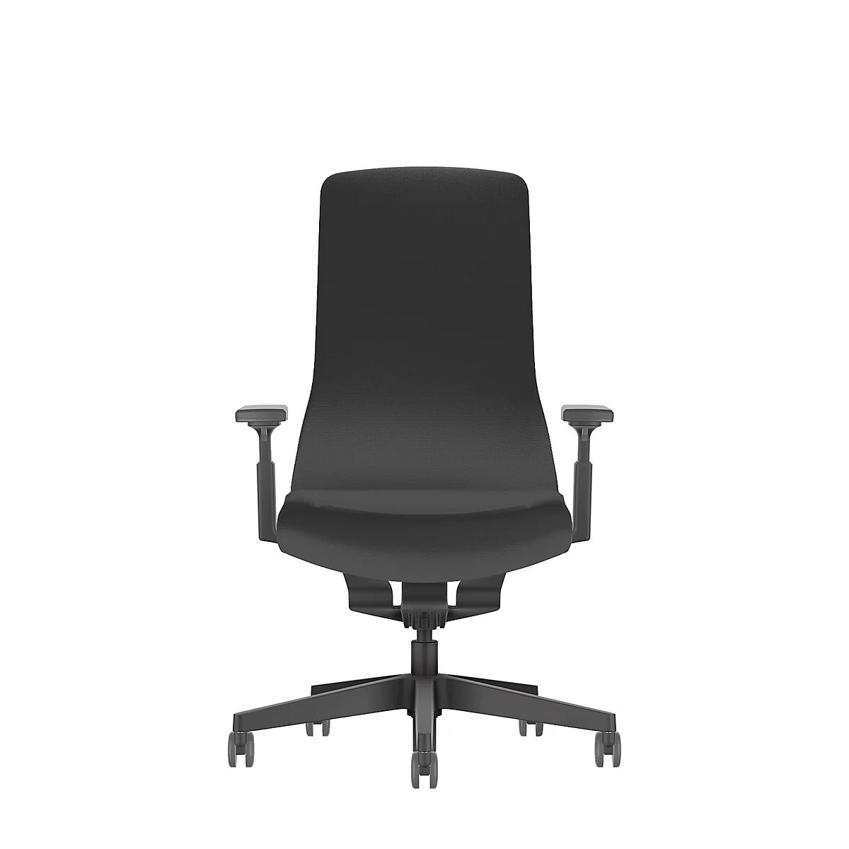 Black office chair, frontal view. High backrest, armrests, five casters.