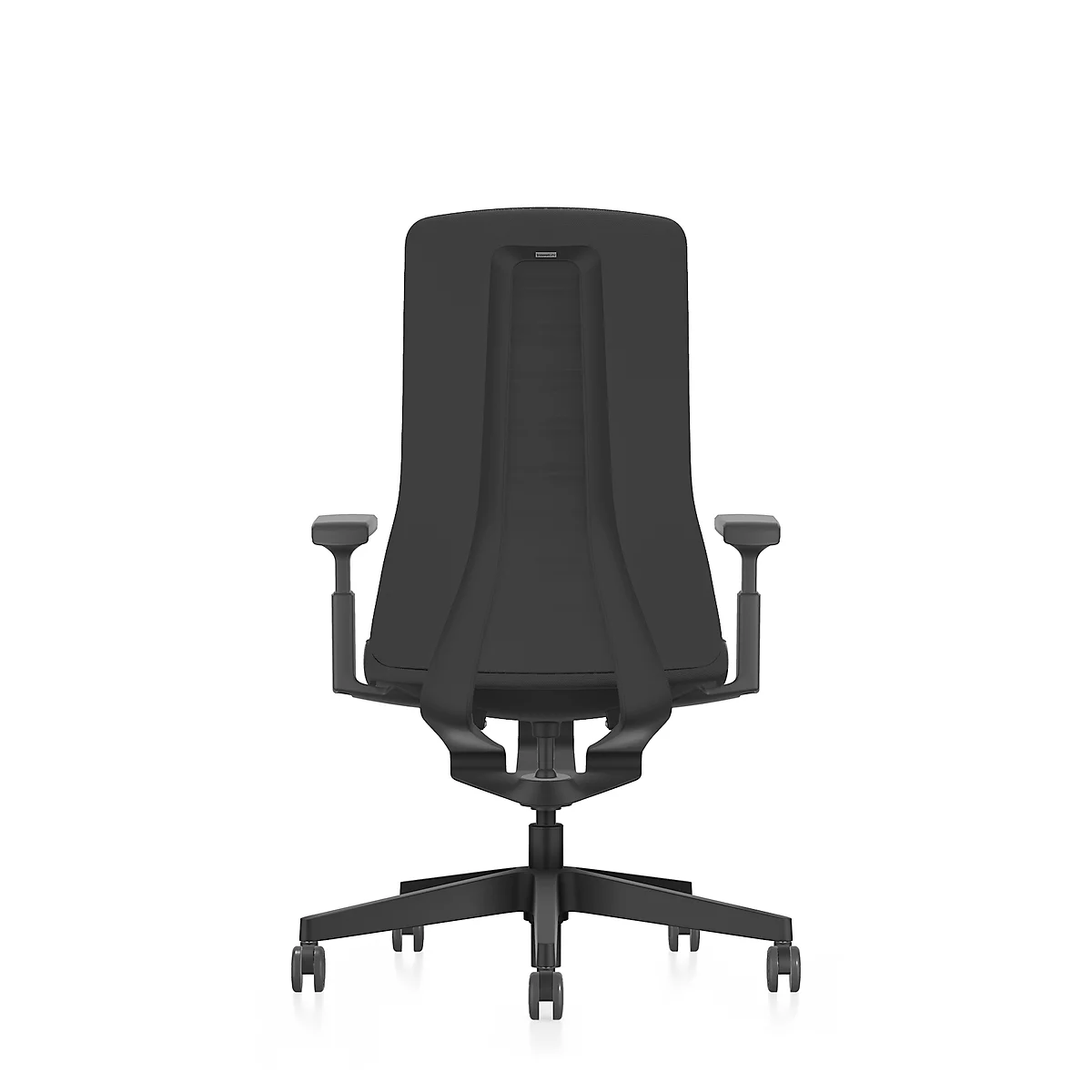 Black office chair from behind, armrests, backrest, castors, on a white background.