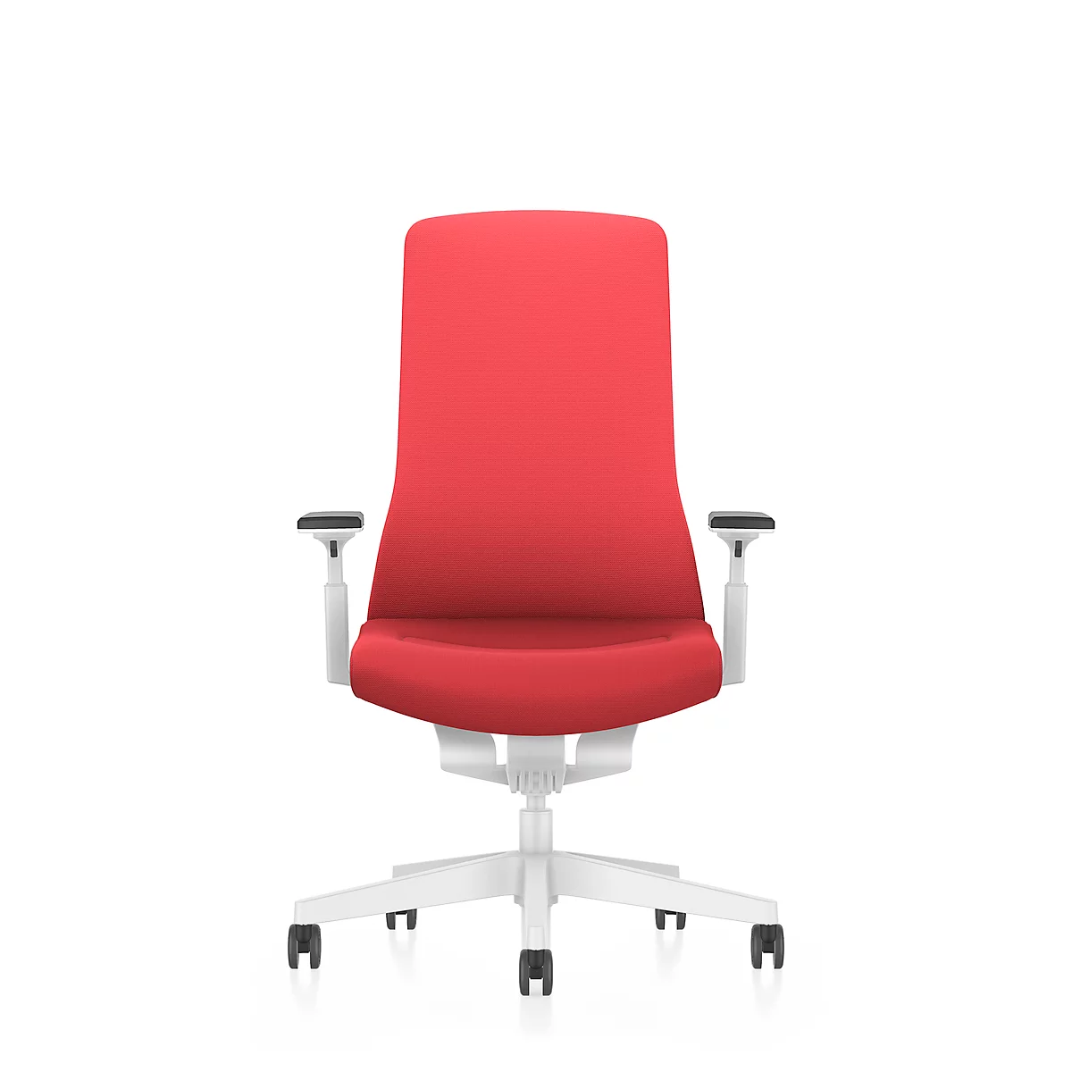 Red office chair with white frame and wheels, against a white background.