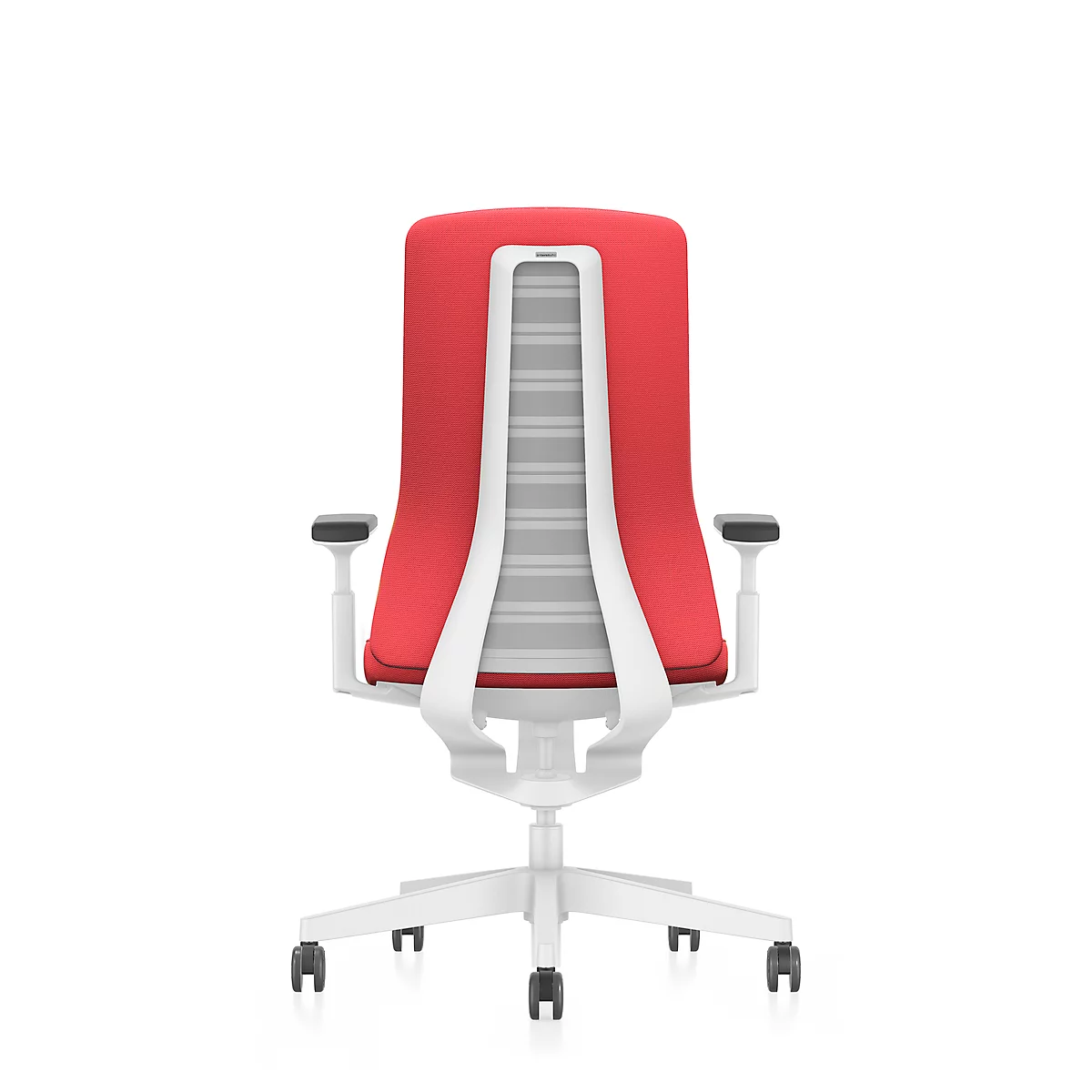 Red office chair, back view. White frame, grey mesh back, black armrests and castors.