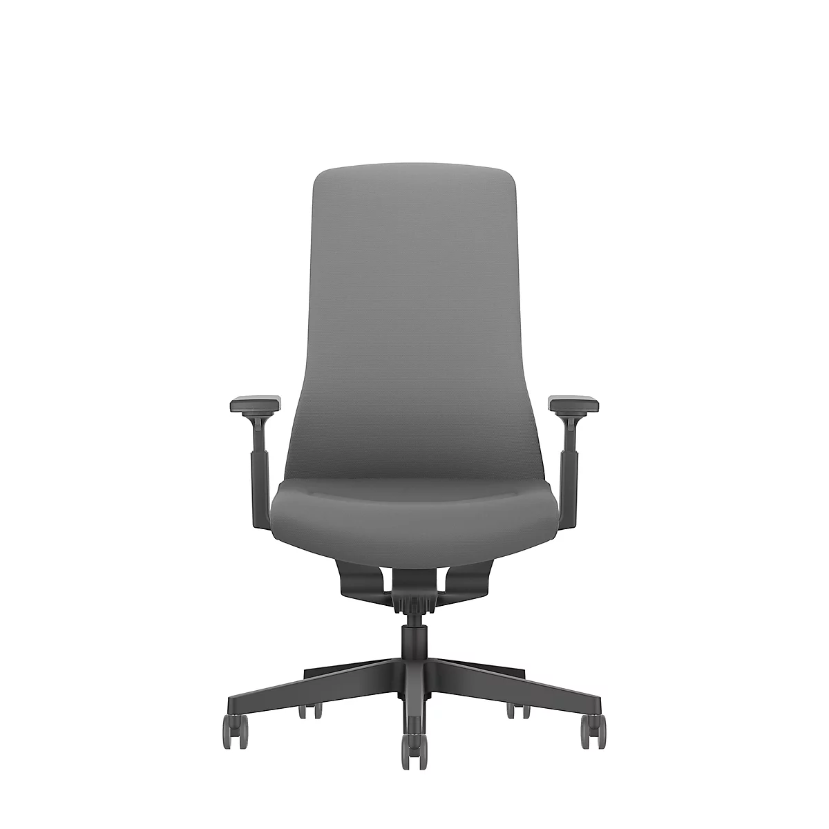 Grey office chair, front view, armrests, swivel base on castors.