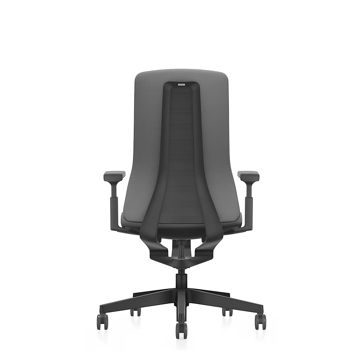 Rear view of a modern office chair; grey with a black mesh back and armrests. On a white background.