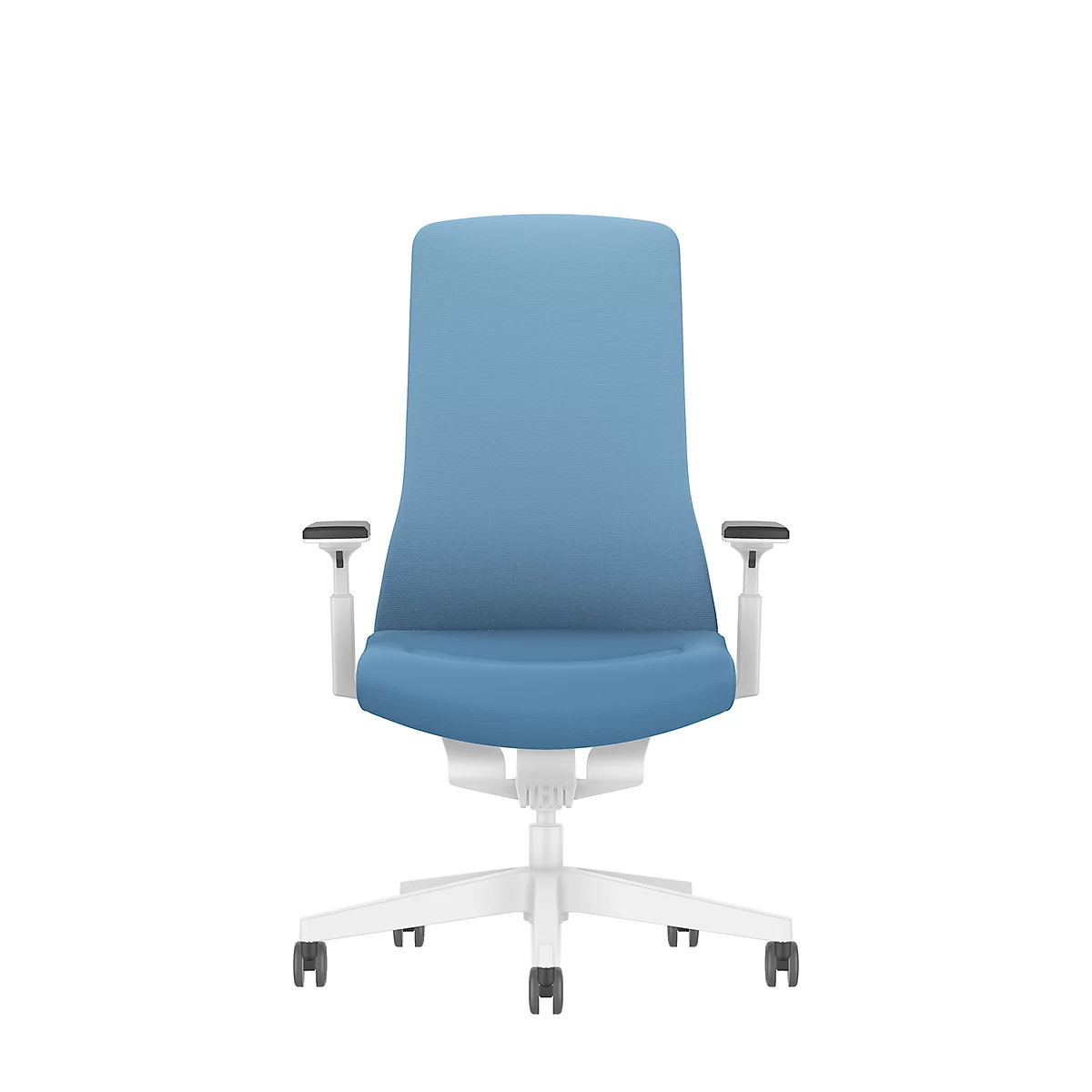 Blue office chair design with a white frame. The armrests are adjustable.