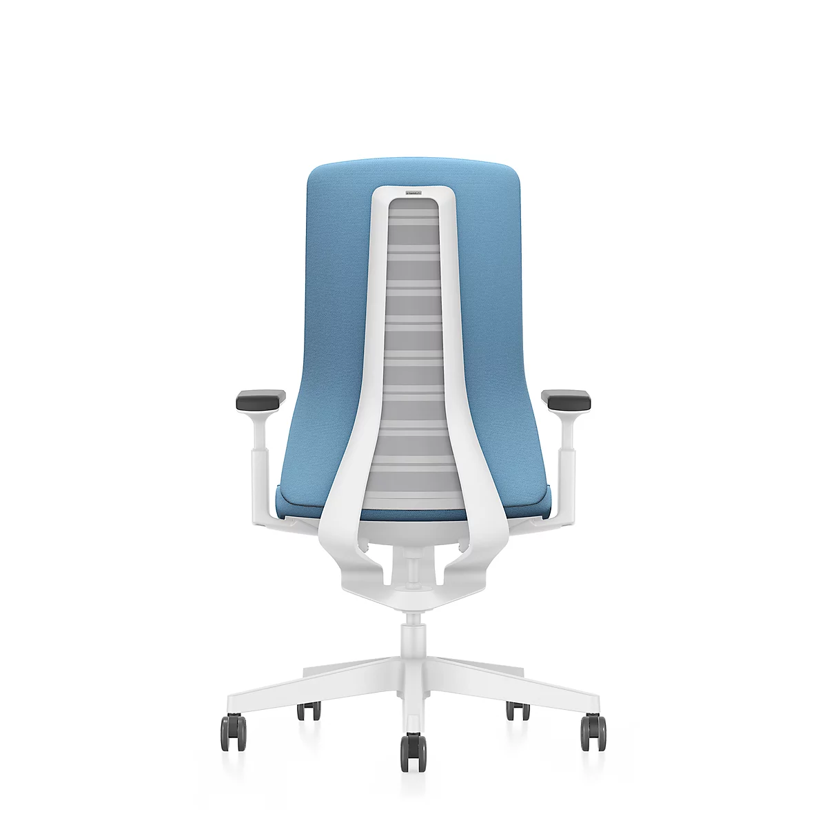 View of an office chair. Blue backrest, white frame and gray mesh. The chair stands in front of a white background.