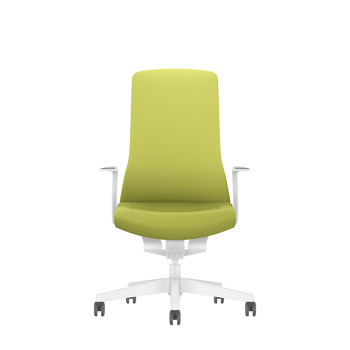 Green office chair with white frame. The chair has armrests and castors.