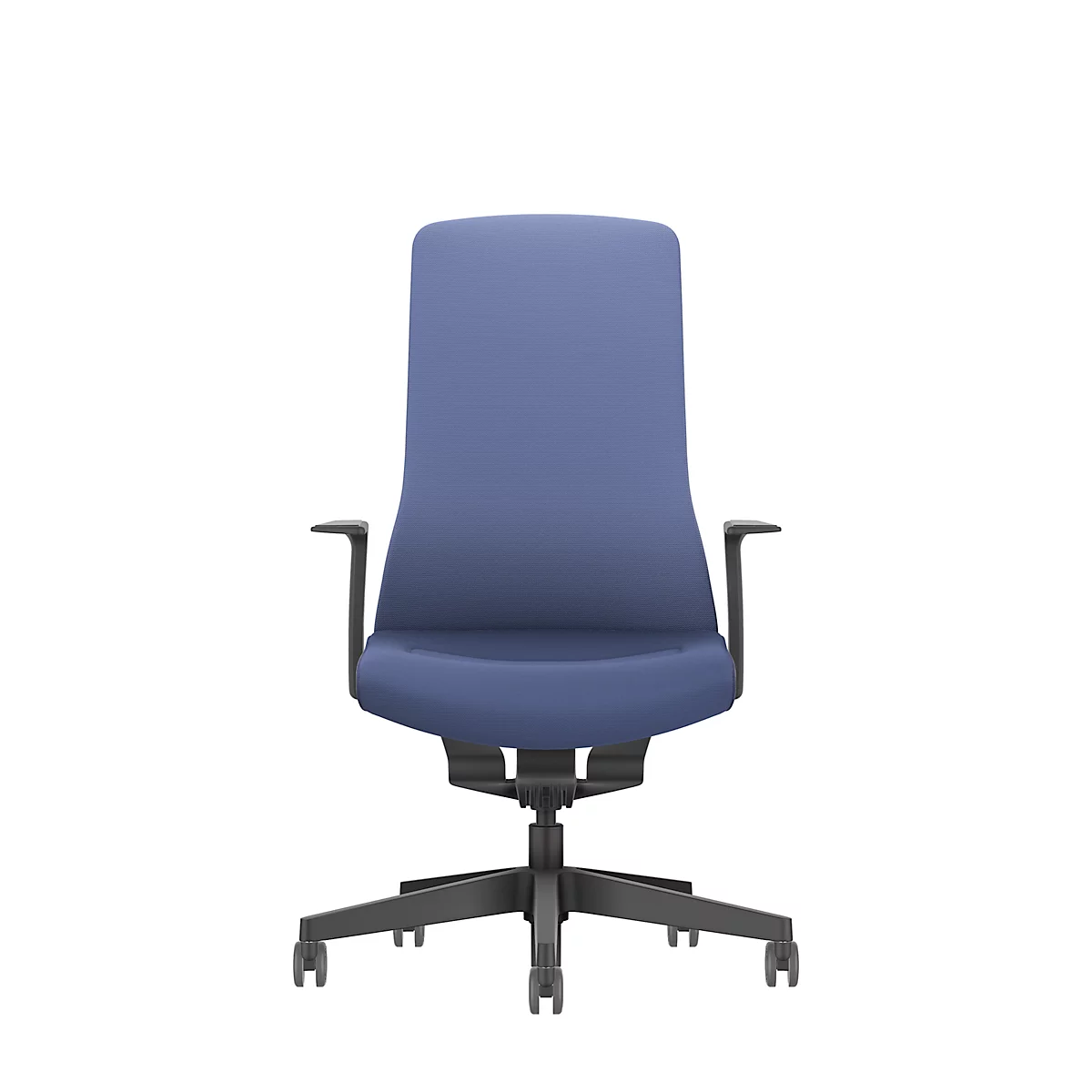 Blue office chair with black frame and armrests, isolated on a white background.