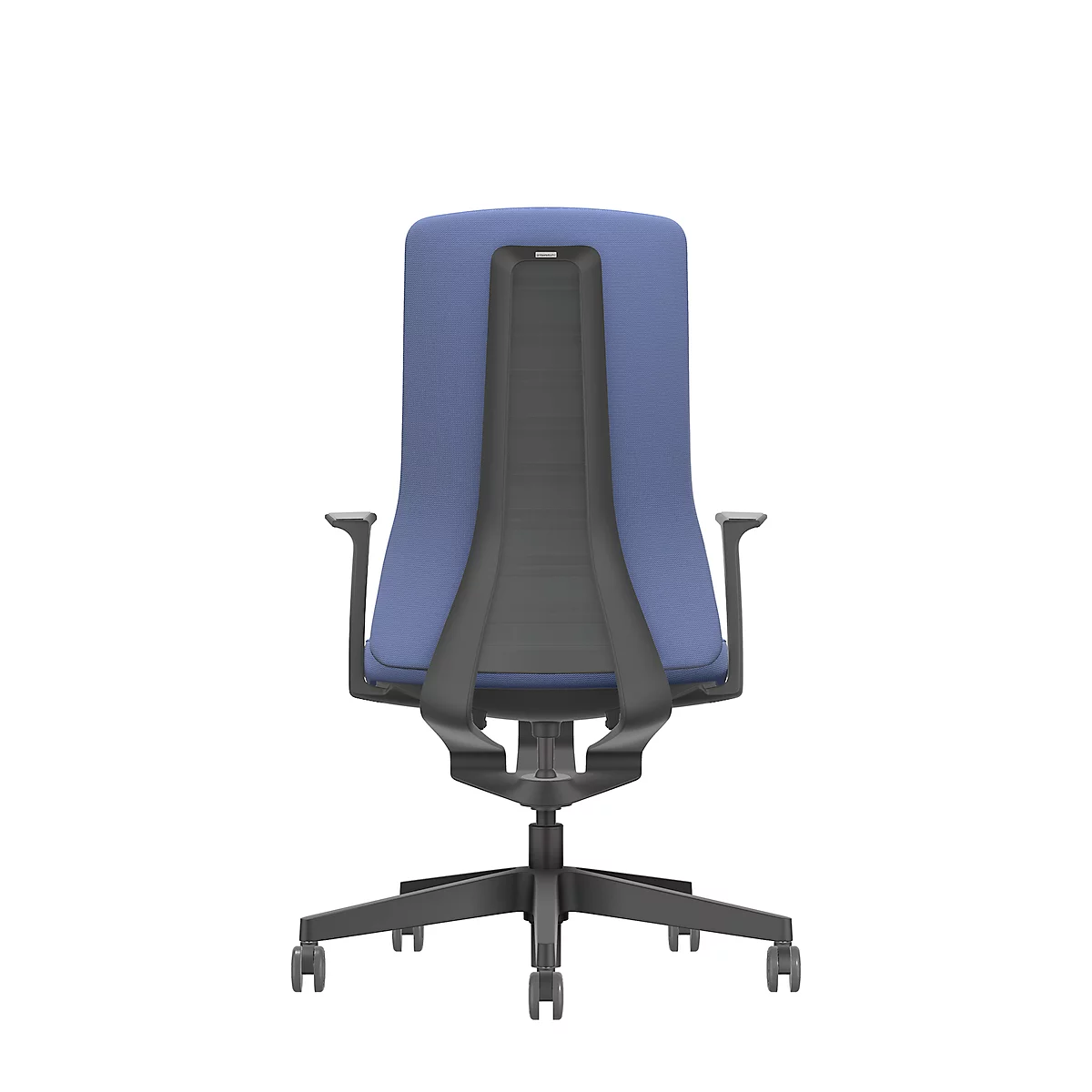 Back view of a blue office chair with a black frame and mesh back.