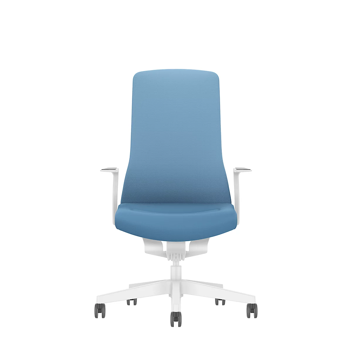 Office chair with blue seat and backrest, white frame and armrests, against a white background.