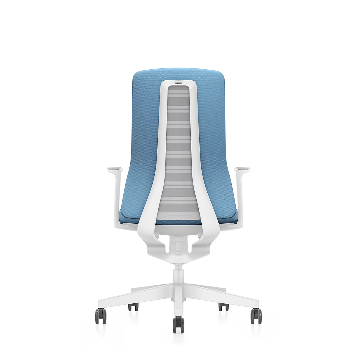 Back view of an office chair in blue and white, on a white background. The chair has wheels.
