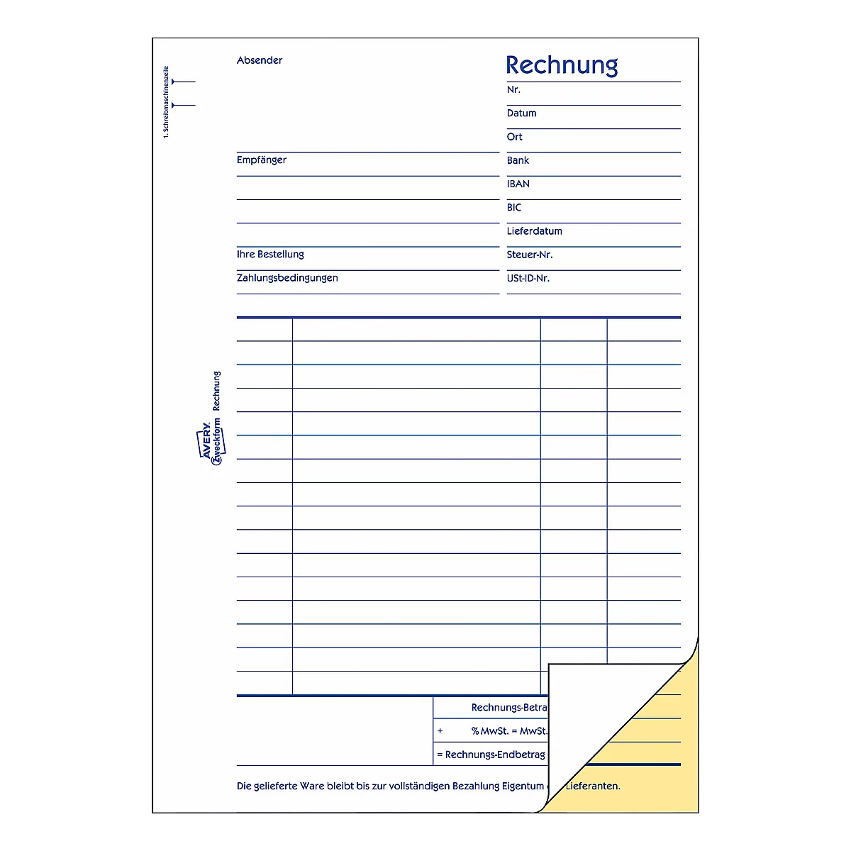 Invoice form with blue lines and text, showing a corner angled at the bottom right.