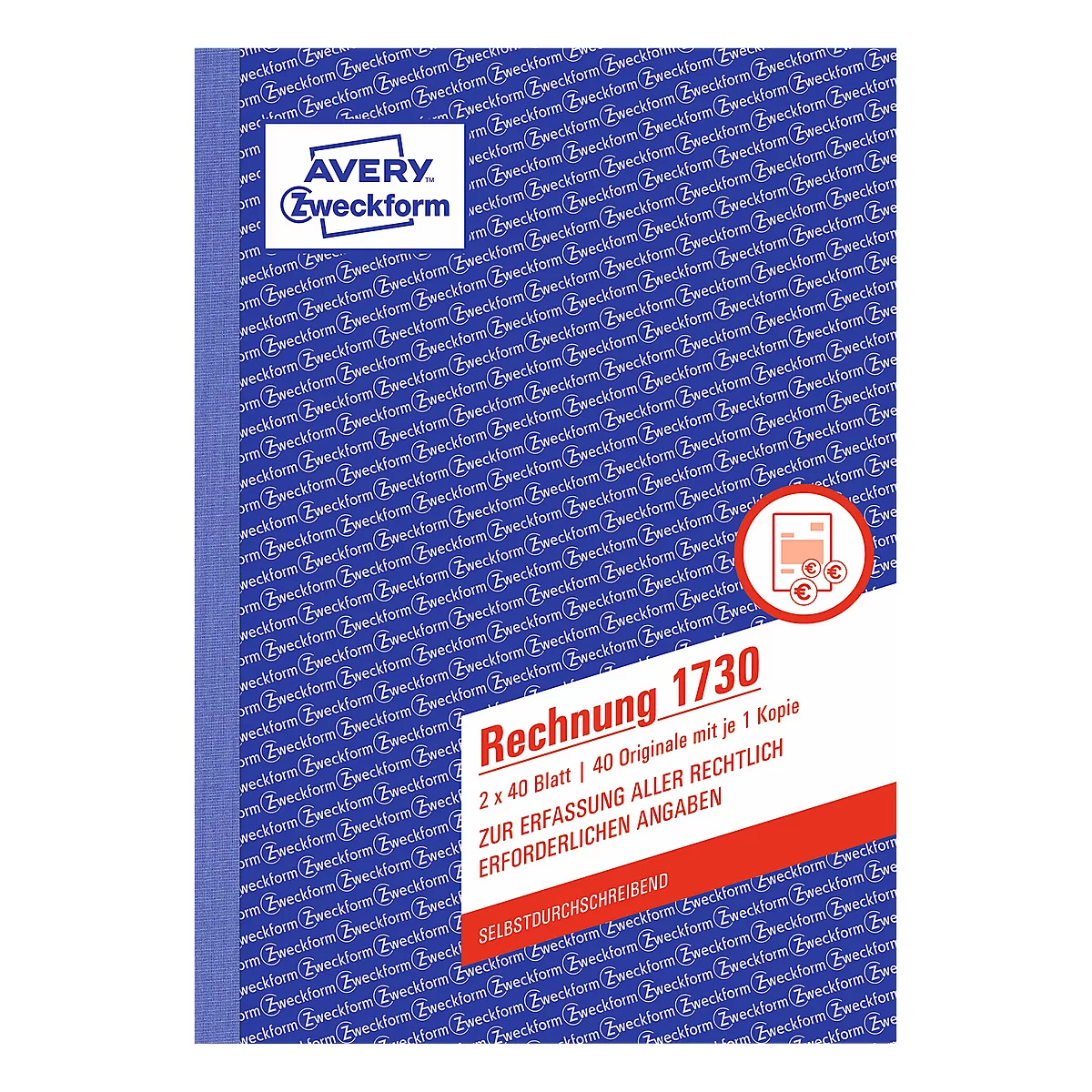 A book titled 'Invoice 1730' from the brand Avery Zweckform. A repeating pattern of 'Zweckform' is visible on a blue background.