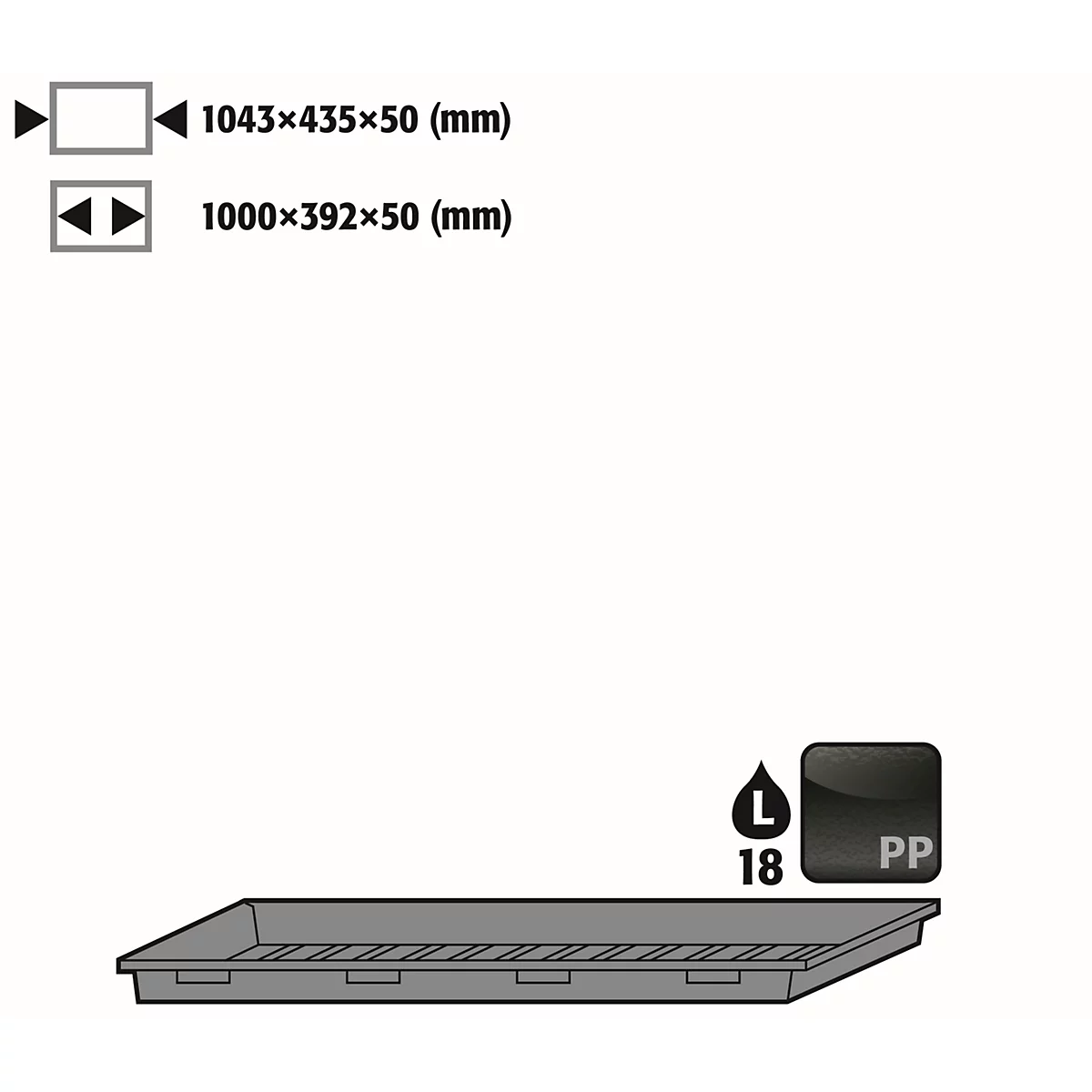 Inzetbak voor asecos veiligheidskasten van de series Q30, Q90 en S90, polyethyleen, zwart, B 1043 x D 435 x H 50 mm, 18 l