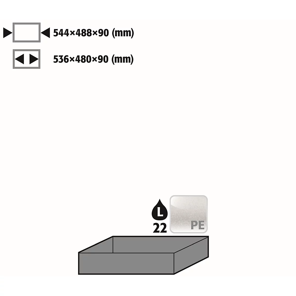 Inzetbak voor asecos veiligheidskasten van de series Q30, Q90 en S90, polypropyleen, grijs, B 578 x D 500 x H 96 mm, 23 l
