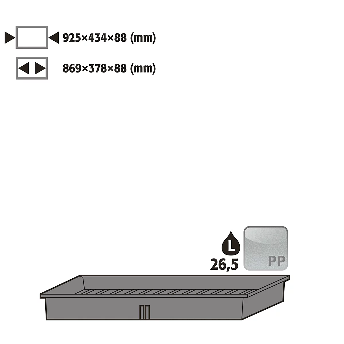 Inzetbak voor asecos veiligheidskasten van de series UB90 en UB30, polypropyleen, B 925 x D 434 x H 88 mm, 26,5 l