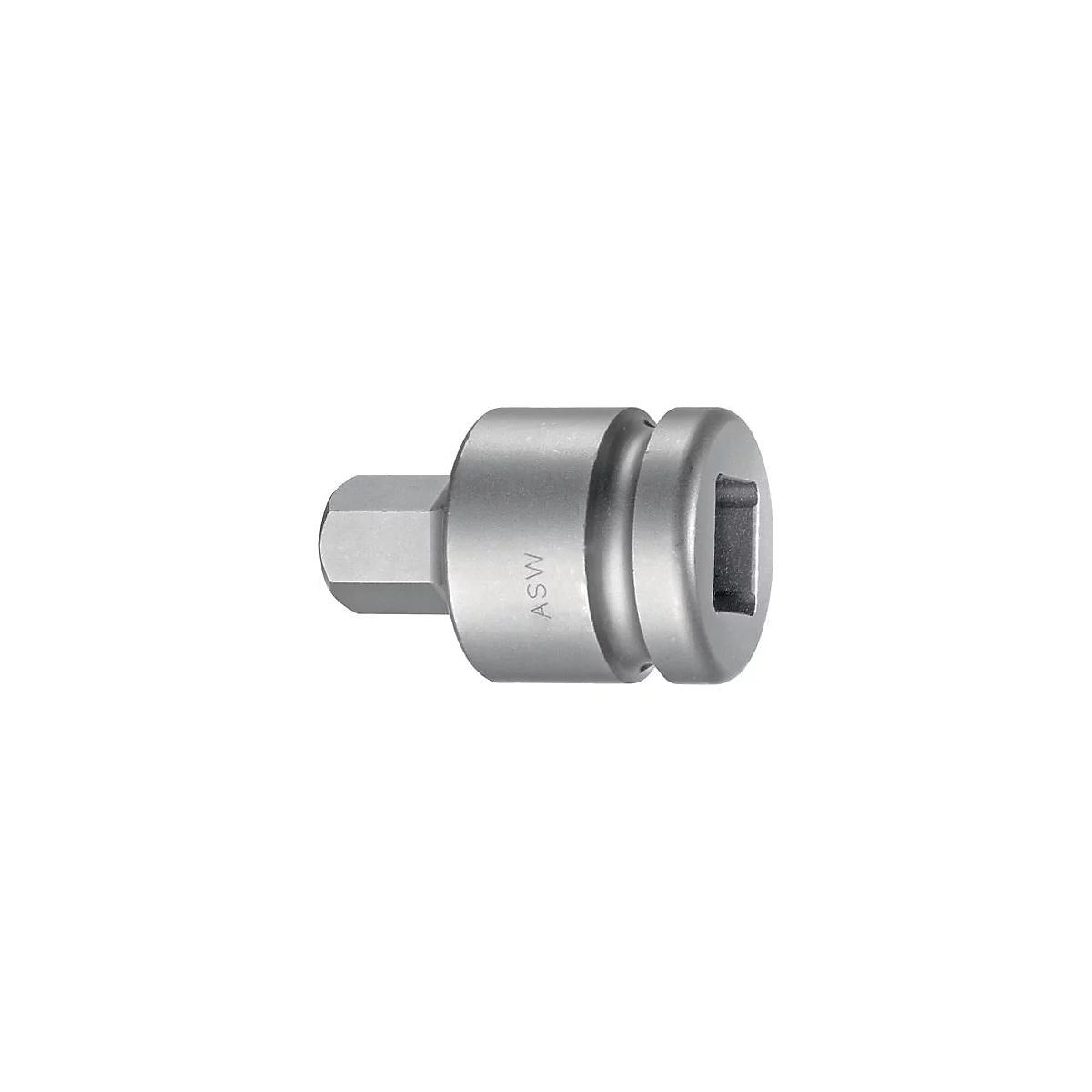 Metalen adapter met zeshoekige en vierkante aansluiting. Op de zijkant staat "ASW".