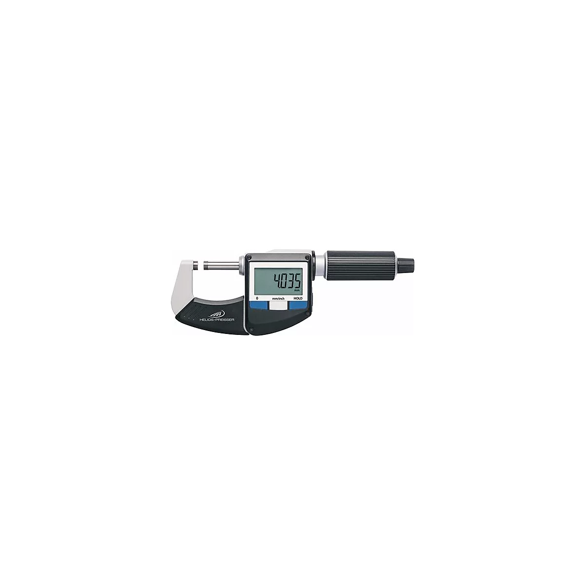 Digital micrometer showing 4.035 mm. Black, silver, blue. Brand: HELIOS-PREISSER.