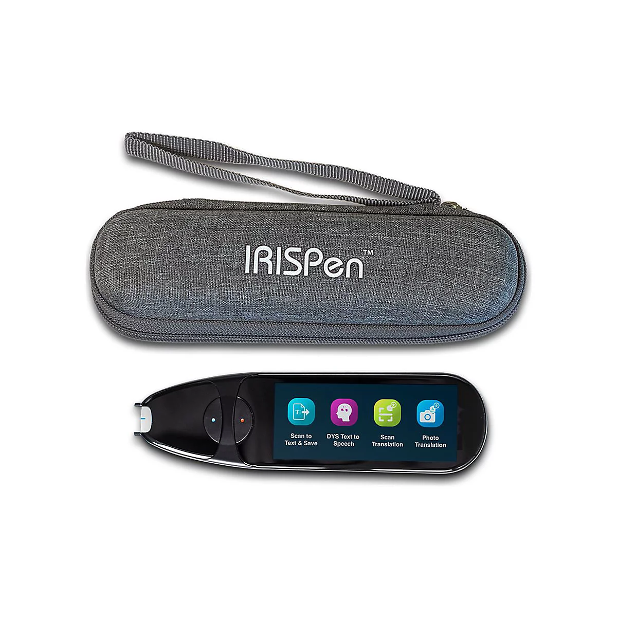 Schwarzer IRISPen-Scanner und graues Etui. Auf dem Display sind Scan-Optionen abgebildet.