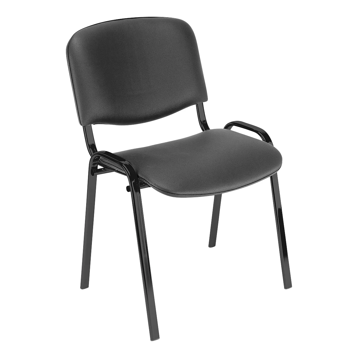 Black stacking chair with backrest and armrests against a neutral background.