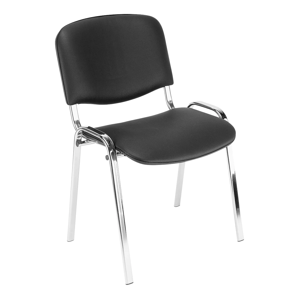 Black office chair, leather back and seat, silver frame. Angled front view.