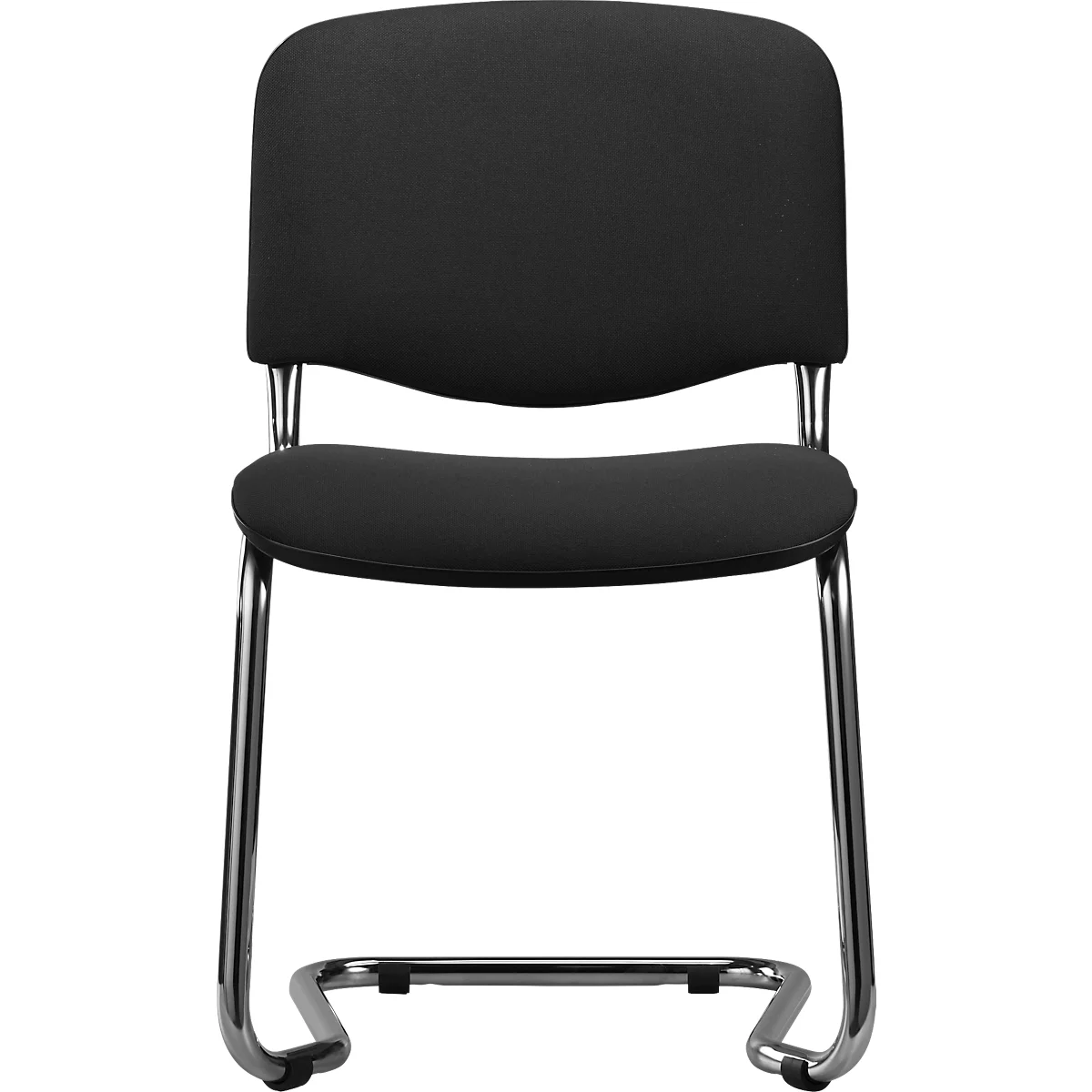 Black conference chair against a neutral background. The chair has a padded seat and backrest, as well as a chrome metal frame.