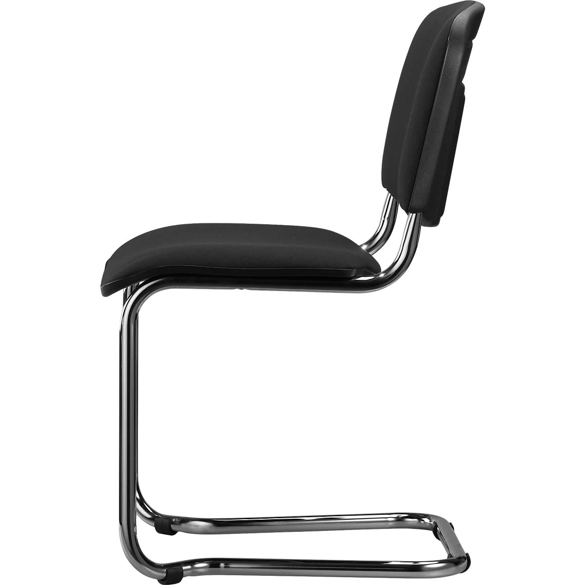 Side view of a black cantilever chair with a chrome frame. The seat and backrest are padded.