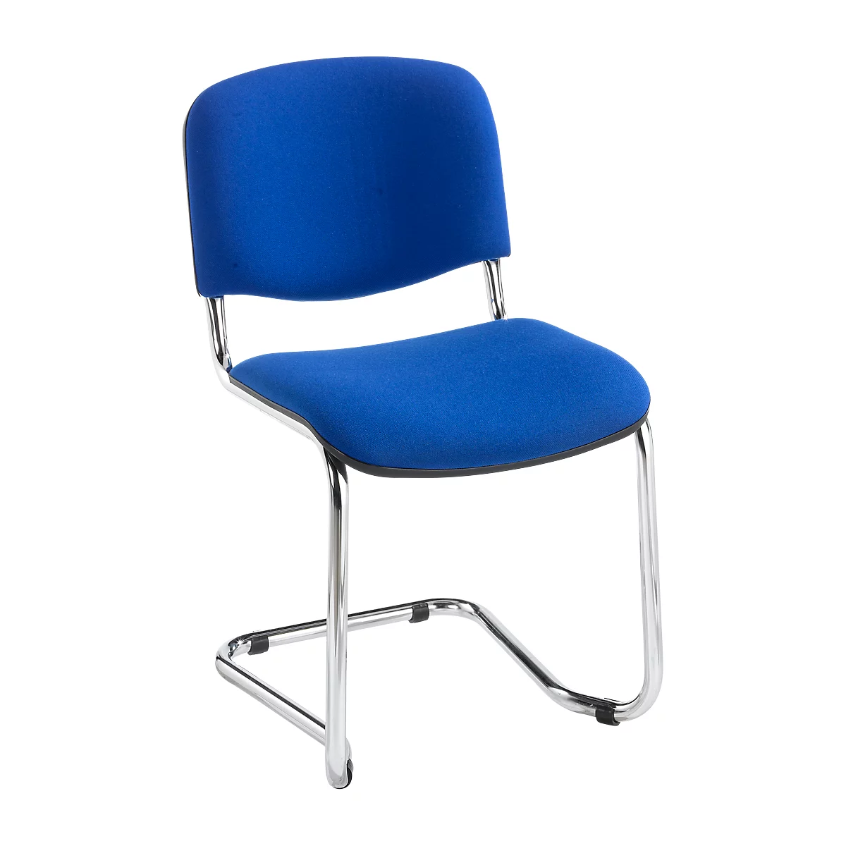 Blue cantilever office chair, chrome-plated frame. Padded seat and backrest.