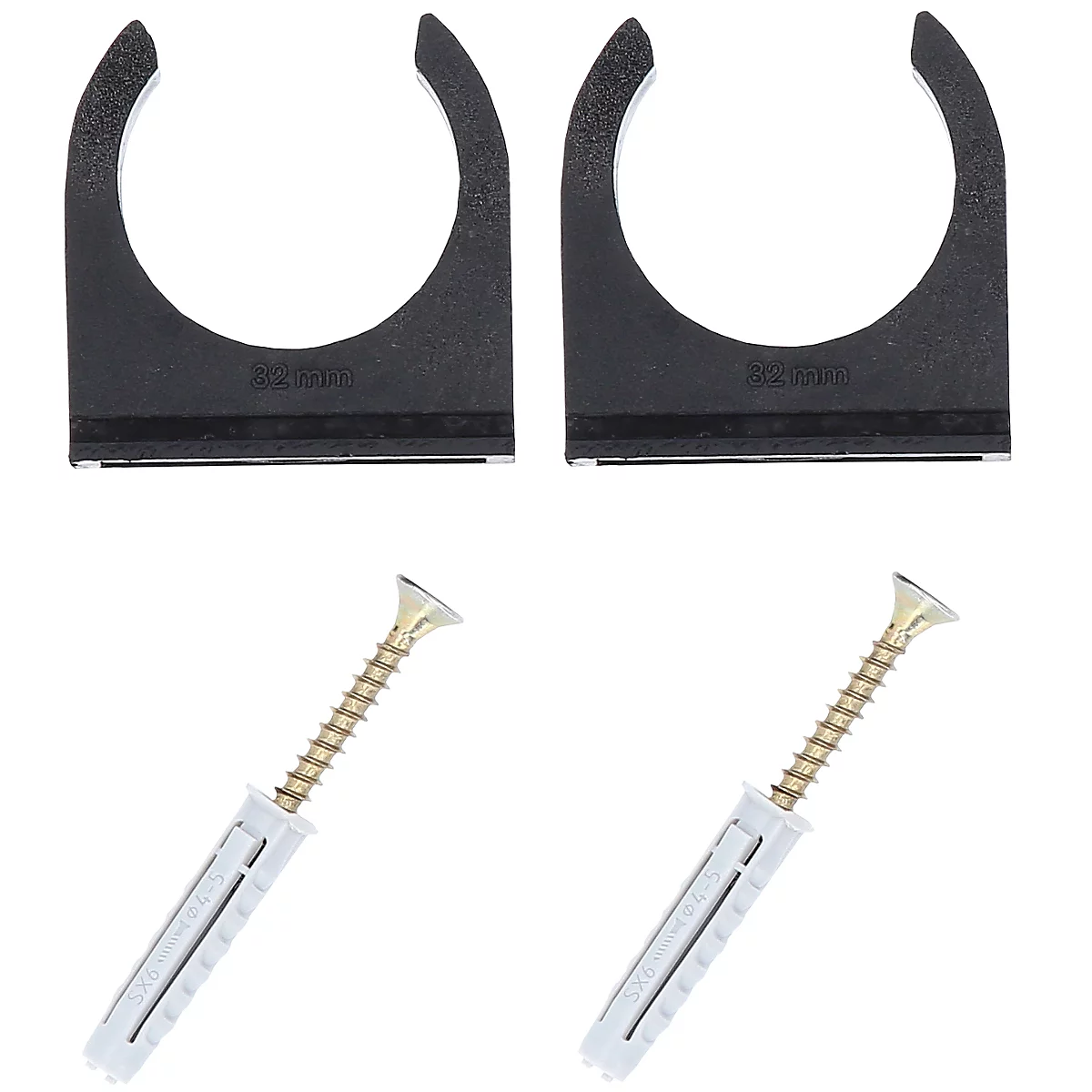 Zwei schwarze Rohrschellen mit Schrauben und Dübeln. Auf den Schellen ist "32 mm" vermerkt.