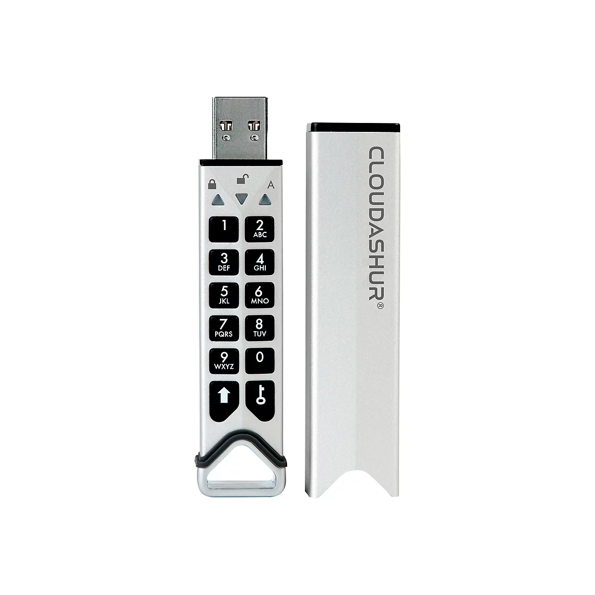 Ein silberner USB-Stick mit numerischer Tastatur und dem Schriftzug CLOUDASHUR.