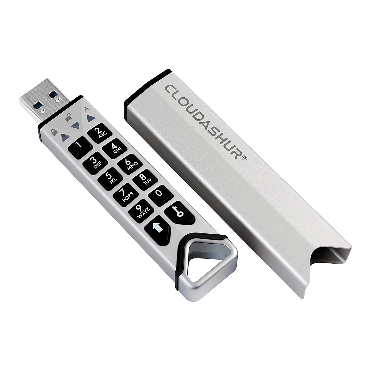 Silberner USB-Stick mit Tastatur, daneben eine silberne Abdeckung. Auf dem Stick befinden sich Ziffern und Symbole.