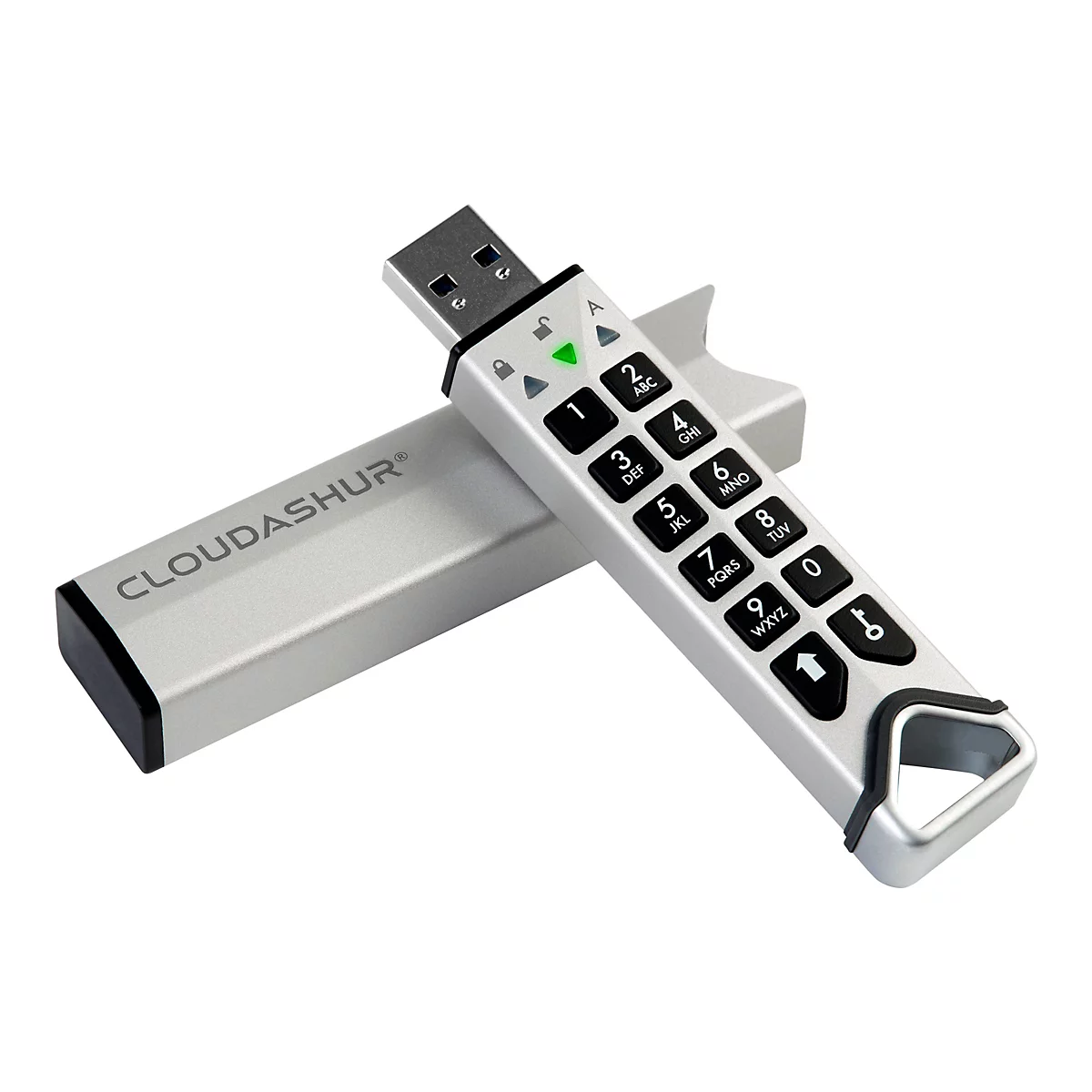 Ein silberner USB-Stick mit Tastatur, liegt neben der Schutzhülle. Auf der Tastatur sind Ziffern und Buchstaben abgebildet.