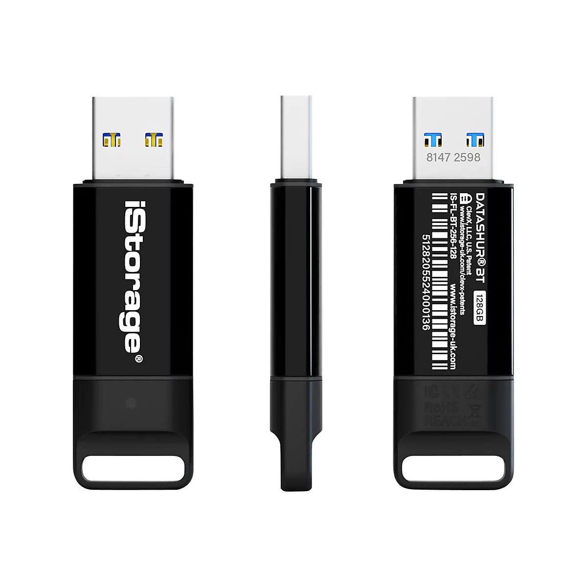 Drei Ansichten eines schwarzen USB-Sticks mit weißem Schriftzug und blau-gelben Akzenten.