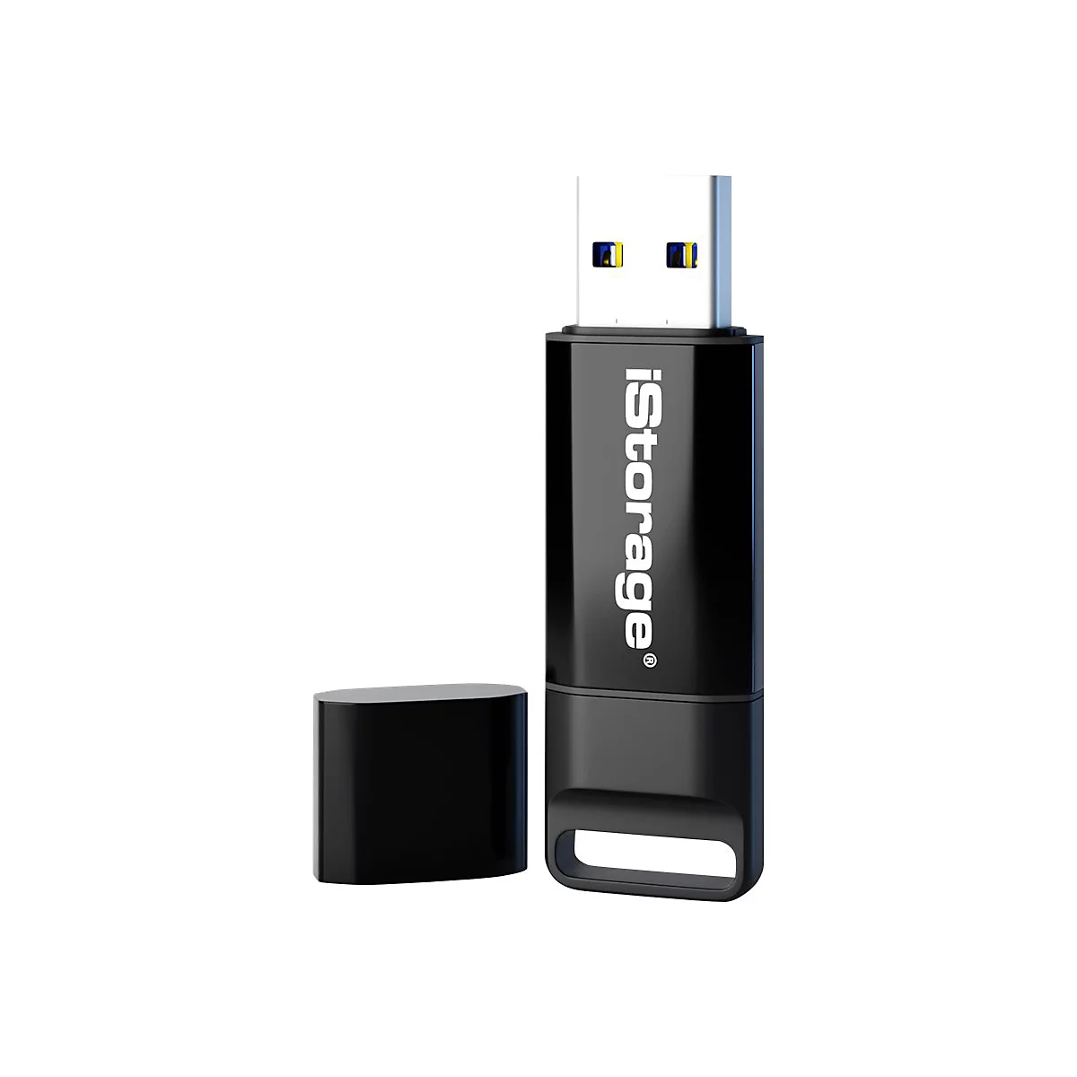 Schwarzer USB-Stick mit abgenommener Kappe. Auf dem Stick steht 'iStorage'.
