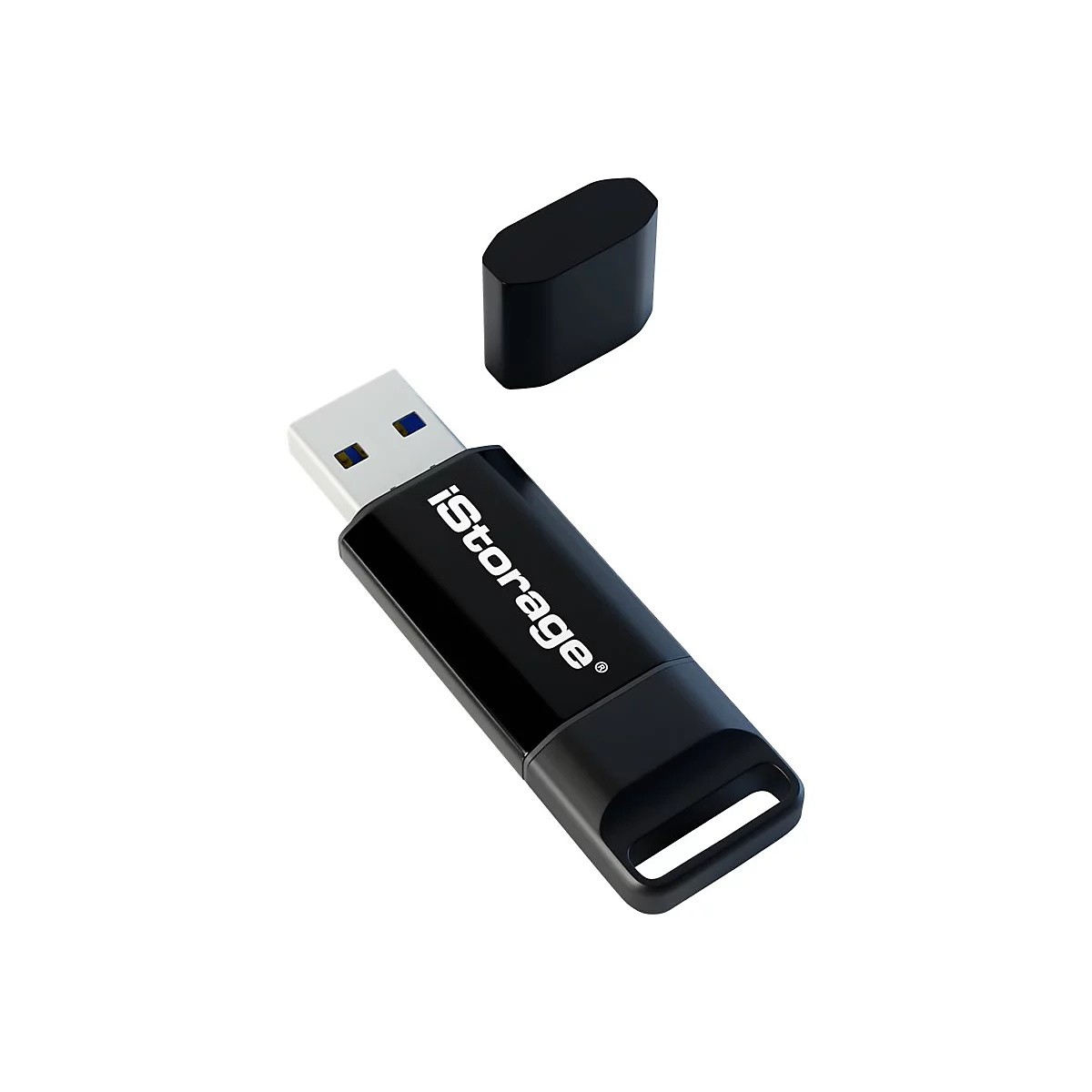Ein schwarzer USB-Stick mit abgenommener Kappe. Auf dem Stick steht in weißer Schrift 'iStorage'.