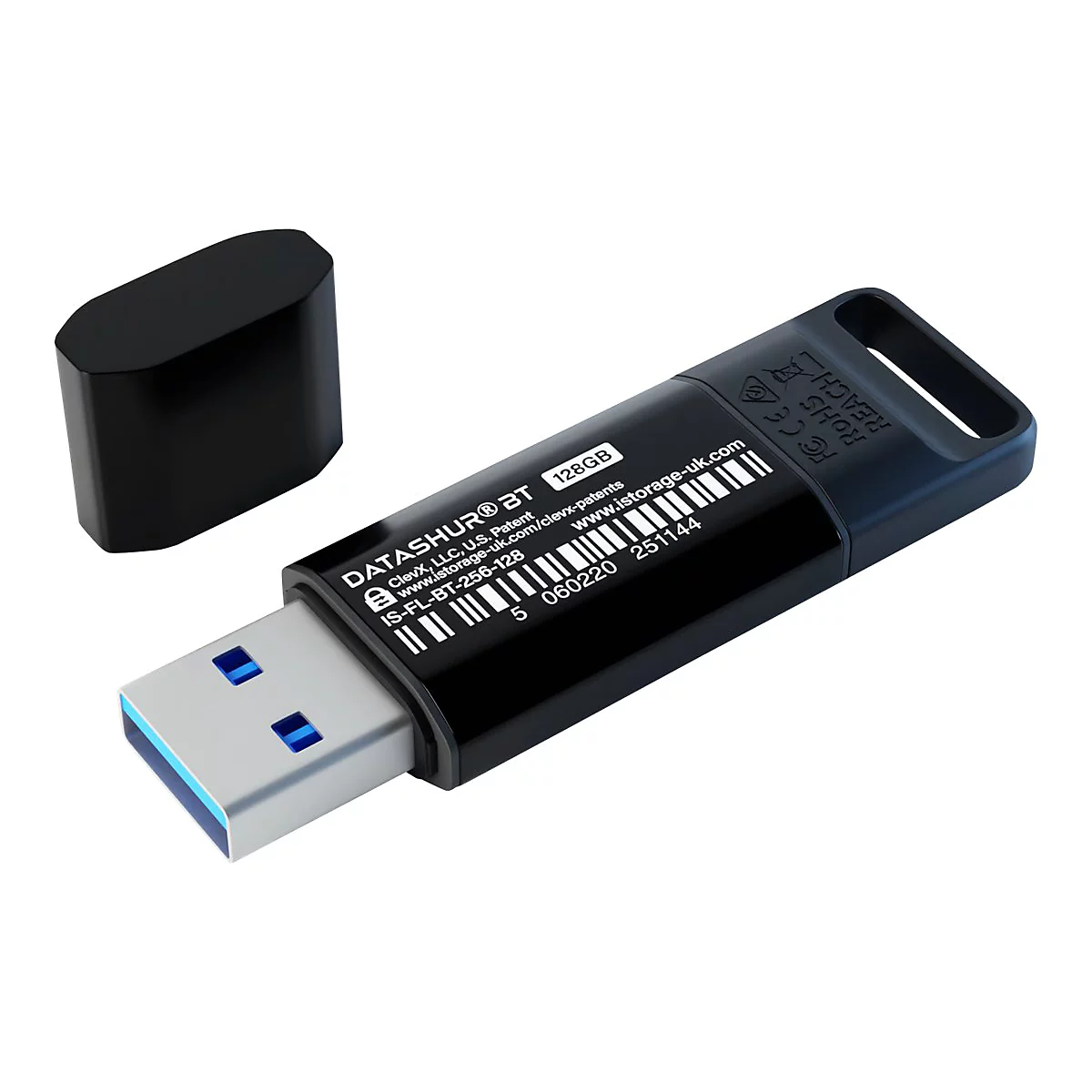 Schwarzer USB-Stick mit abgenommener Kappe. Aufschrift DATASHUR® BT, 128GB.