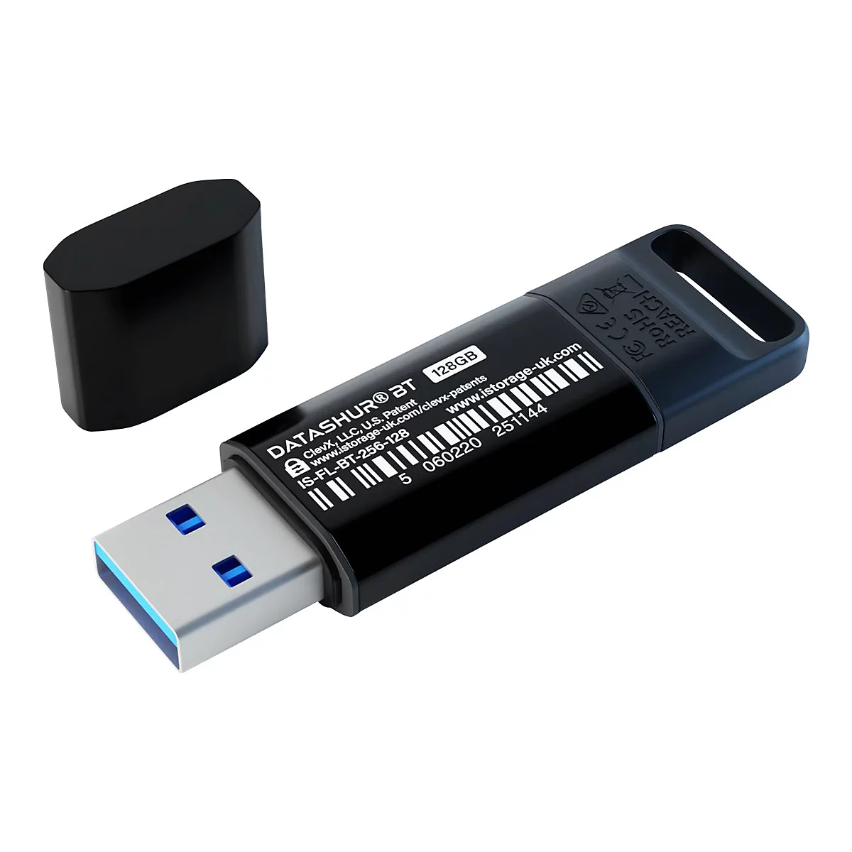 Schwarzer USB-Stick mit abgenommener Kappe. Auf dem Stick steht DATASHUR BT mit technischen Daten.