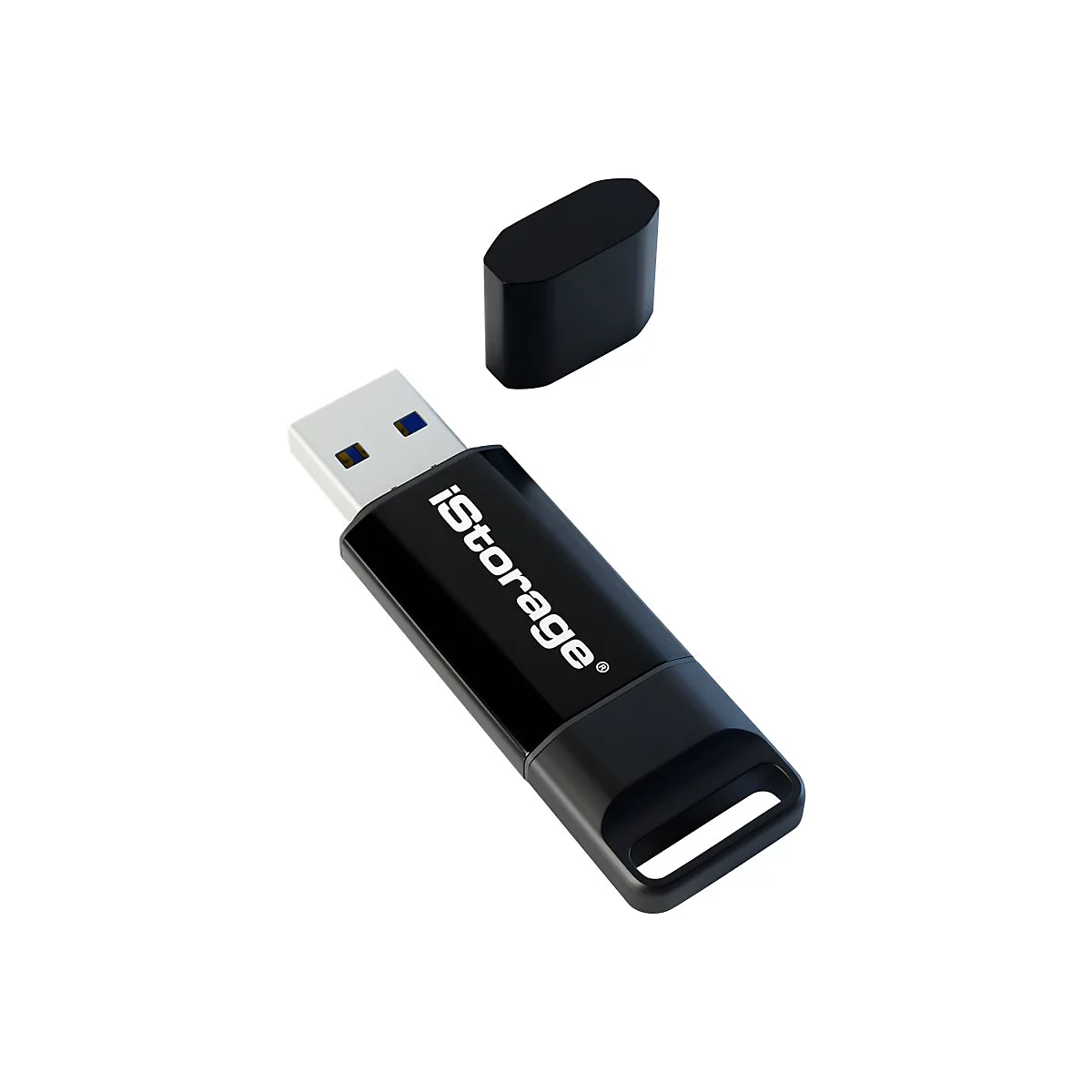 Schwarzer USB-Stick mit abgenommener Kappe. Auf dem Stick steht in weißer Schrift „iStorage“.